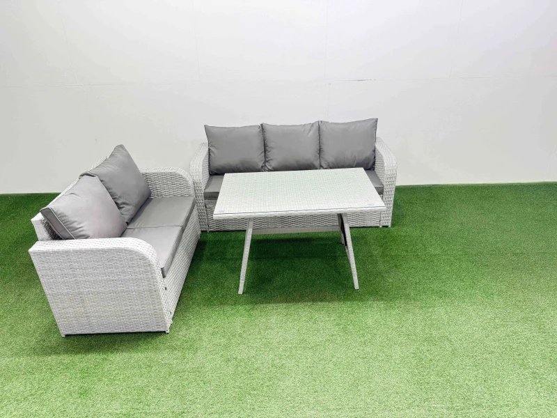 Image of Fimous Outdoor Rattan Garden Furniture Set Rectangular Dining Table Sofa Set in Light Grey Light Grey Unisex
