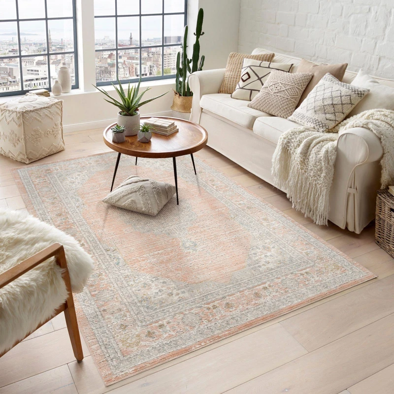 Image of Maia Washable Low Pile Non Slip Orchid Traditional Area Rug - Coral, 120 X 180 Cm (Rectangular)