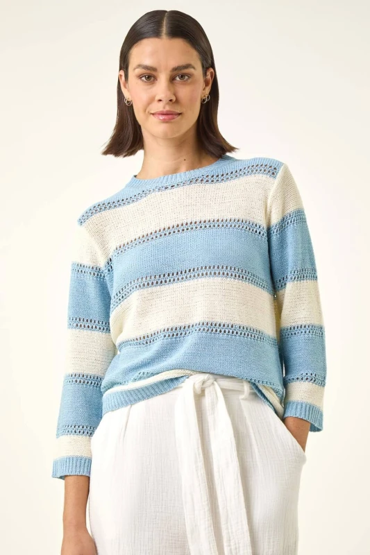 Image of Roman Womens Light Stripe Knit Jumper in Light Blue Size: 18 Light Blue Female 18