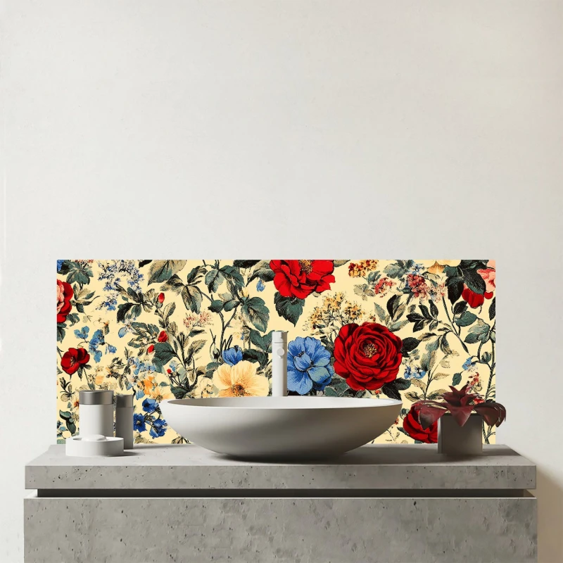 Image of Warren Reed - Designer Vintage Roses & Buds Glass Bathroom Splashback Multicolor Unisex