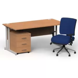 image of Impulse 1600/800 Silver Cant Desk Oak + 3 Dr Mobile Ped & Chiro Med Back Blue W/Arms