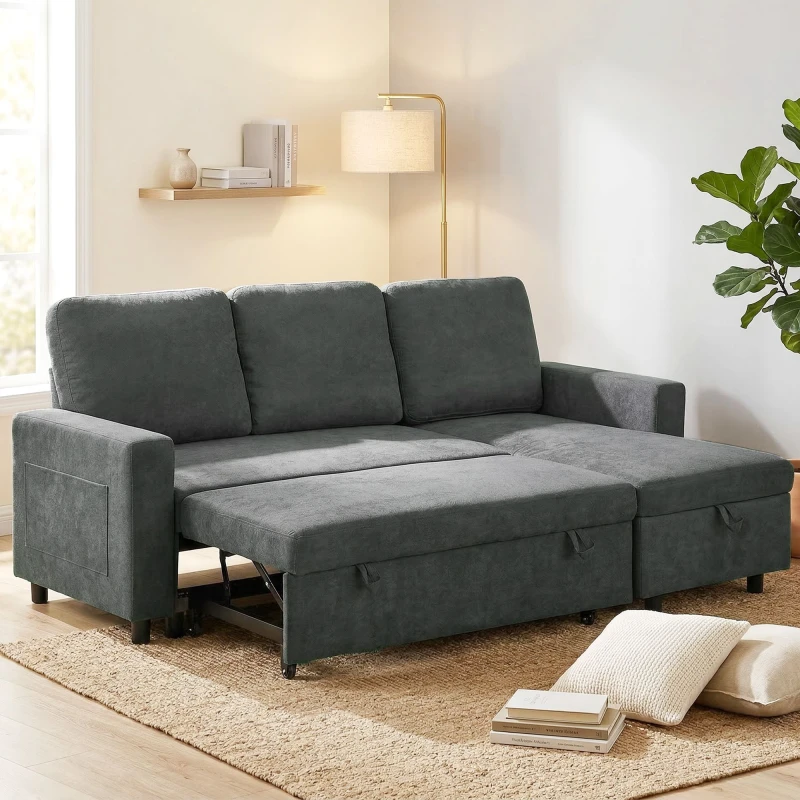 Image of HOMCOM HOMCOM 3 Seater Corner Sofa Bed w/ Storage Convertible Pull Out Sofa Bed in Dark Grey Dark Grey One Size Unisex 5063603819856