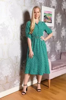 Image of Green Ditsy Print Midi Dress With Gold Buckle Belt Detail
