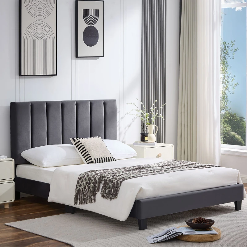 Image of FURNITURE ONE Upholstered Platform Bed Frame with Adjustable Headboard in Grey Size: Double Grey Unisex Double