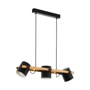 Image of Hanging Ceiling Pendant Light Black & Wood Adjustable Spots 3 x 60W E27 Bulb