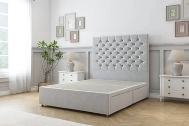 Image of Sloomy Mayfair Silver Plush Divan Bed Base No Drawers With 26" Strutted Headboard 2'6 Small Single