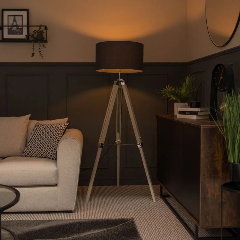 Image of ValueLights ValueLights Clipper Light Brown Tripod Floor Lamp Large Charcoal Shade in Silver Silver One Size Unisex 5059406034961
