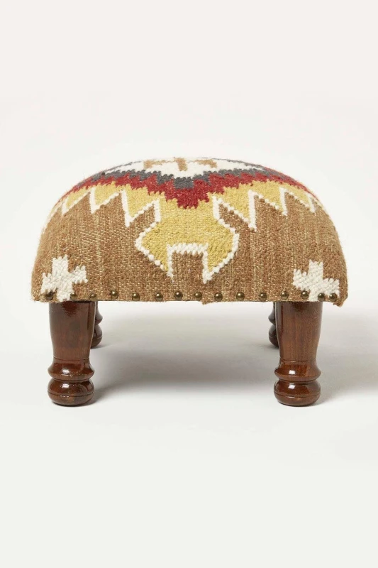Image of Homescapes Handwoven Kilim Footstool 40 x 40cm in Brown Brown Unisex 40 x 40 cm