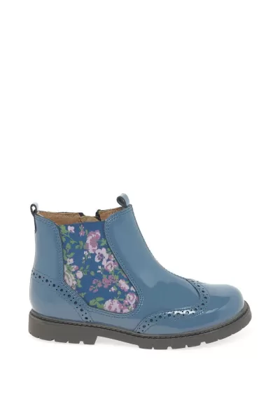 image of Start-rite Chelsea Blue Patent Leather Floral Girls Zip Up Pull on Boots, Blue, Size 10 Younger