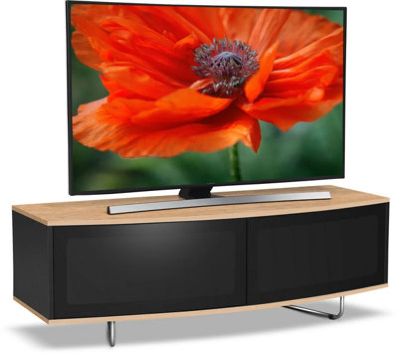 Image of CENTURION SUPPORTS Centurion Supports - Caru Gloss Black and Oak Beam-Thru Remote Friendly Super-Contemporary 'd' Shape Design 32'-65' led/ oled / lcd