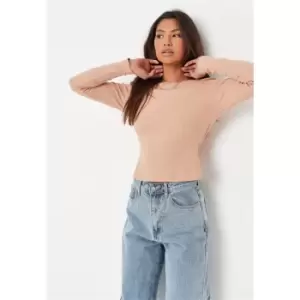 image of Missguided Ls Rib Crew Neck Top - Brown