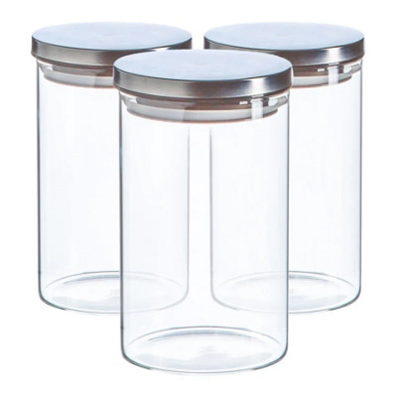 Image of Argon Tableware Glass Storage Jars - Silver Lid - 1 Litre - Modern Round Scandi Organisation Container Glass Jar - Set Of 3