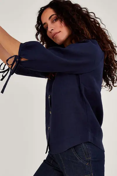 Image of Tie Cuff Button Through Blouse in Linen Blend