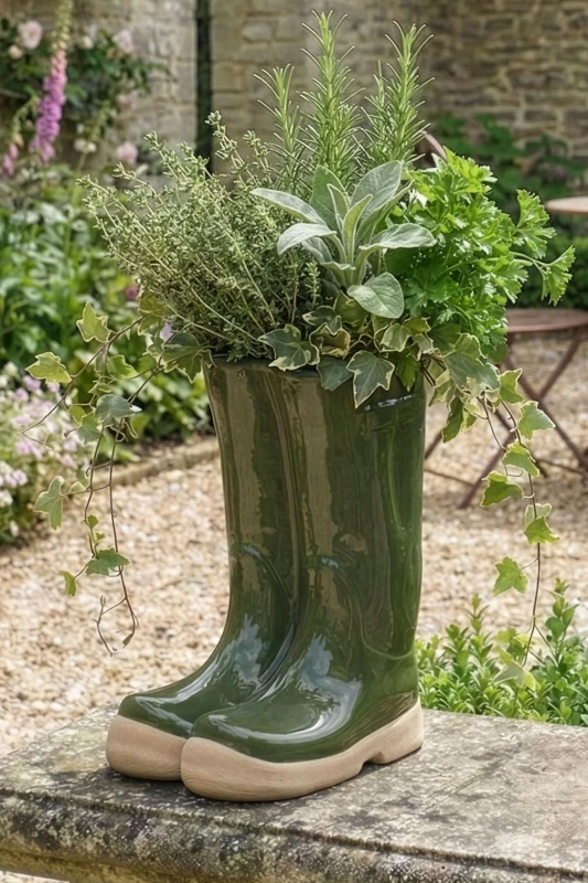 Image of Dibor Dark Green Wellington Boots Large Ceramic Indoor Outdoor Flower Pot Garden Planter Pot (W) 24cm, (H) 29.5cm Dark Green Unisex L