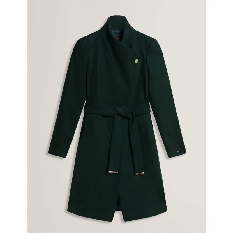 Image of Ted Baker Womens Rose Belted Midi Wool Long Sleeve Coat Green female 6 (2X)