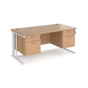 Image of Office Desk Rectangular Desk 1600mm With Double Pedestal Beech Top With White Frame 800mm Depth Maestro 25 MCM16P22WHB