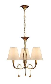 Image of Paola Ceiling Pendant 3 Light E14, Gold Painted with Cream Shades & Amber Glass Droplets