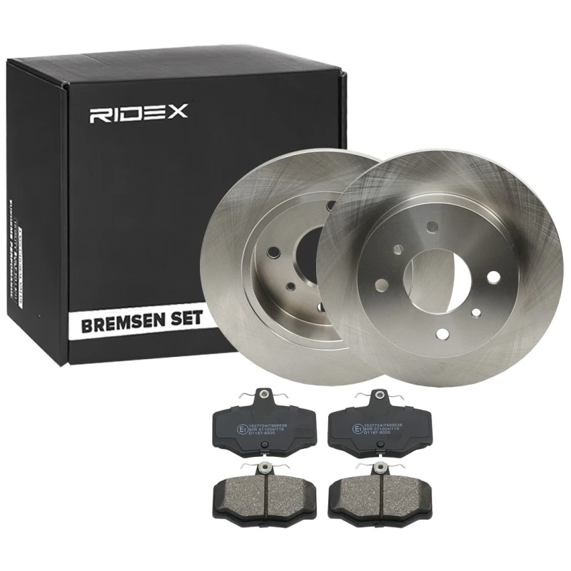 Image of RIDEX 3405B1802 Brake disc and pads set Rear Axle, Brake Disc Type: Solid, with anti-squeak plate Brake Set,disc brakes (3405)