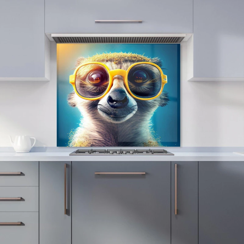 Image of Warren Reed - Designer Meerkat With Glasses Splashart Kitchen Splashback in Yellow Size: 600mm x 750mm Yellow Unisex 600mm x 750mm
