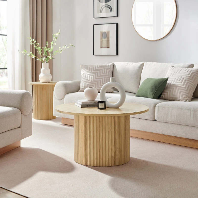 Image of FurnitureboxUK FurnitureboxUK Penrose Round Wooden Pedestal Coffee Table in Light Oak Light Oak One Size Unisex 5056657198459