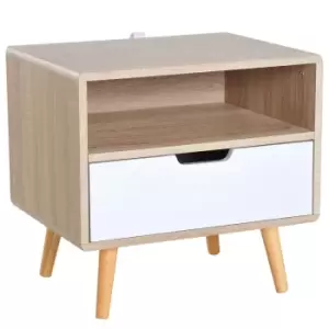 image of Homcom Nightstand With Storage Compartment and Drawer Two Tone Oak Effect And White Angled Wooden Legs