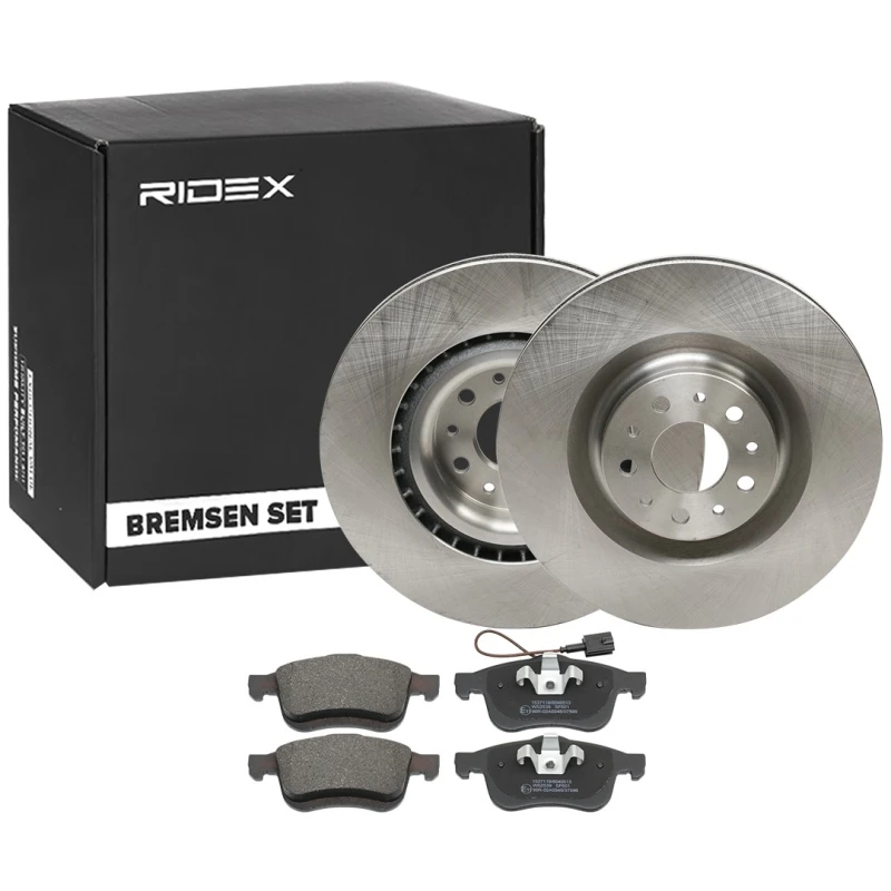 Image of RIDEX 3405B1801 Brake disc and pads set Front Axle, Brake Disc Type: Vented, with integrated wear warning contact Brake Set,disc brakes (3405)