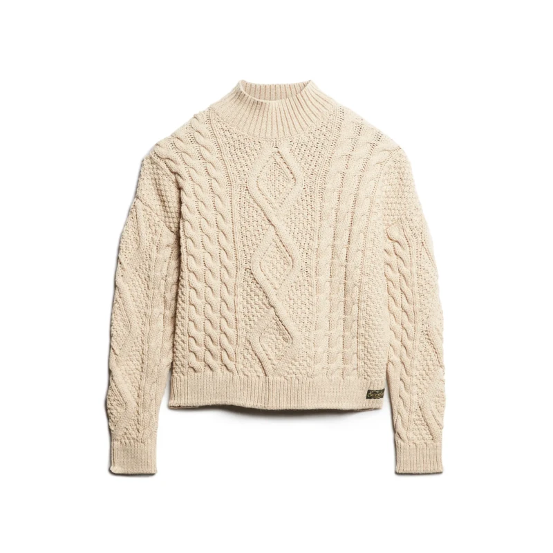 Image of Superdry Womens knitted polo sweater Superdry Aran Cable Beige Female XS