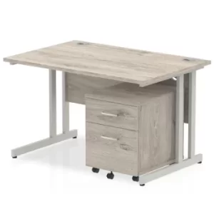 Image of Impulse 1400 Straight Cantilever Silver Workstation With Two Drawer Mobile Pedestal Bundle Grey Oak