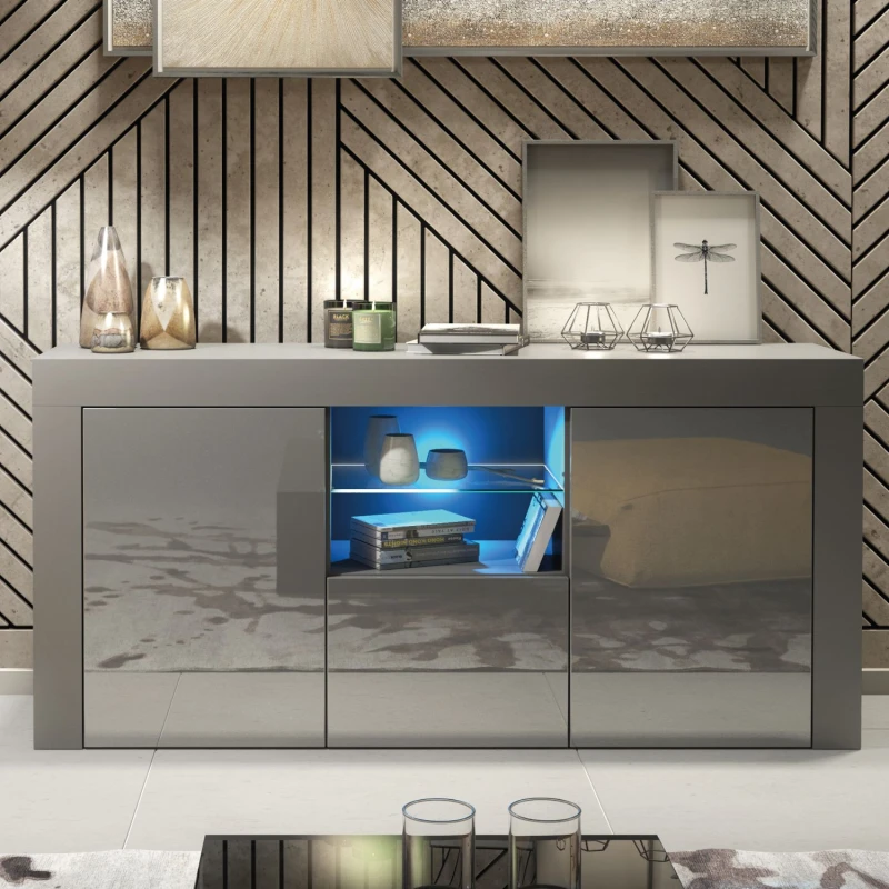 Image of Creative Furniture Aurora Sideboard 145cm - A Modern and Practical Cabinet with Gloss Doors and LED Lights Dark Grey