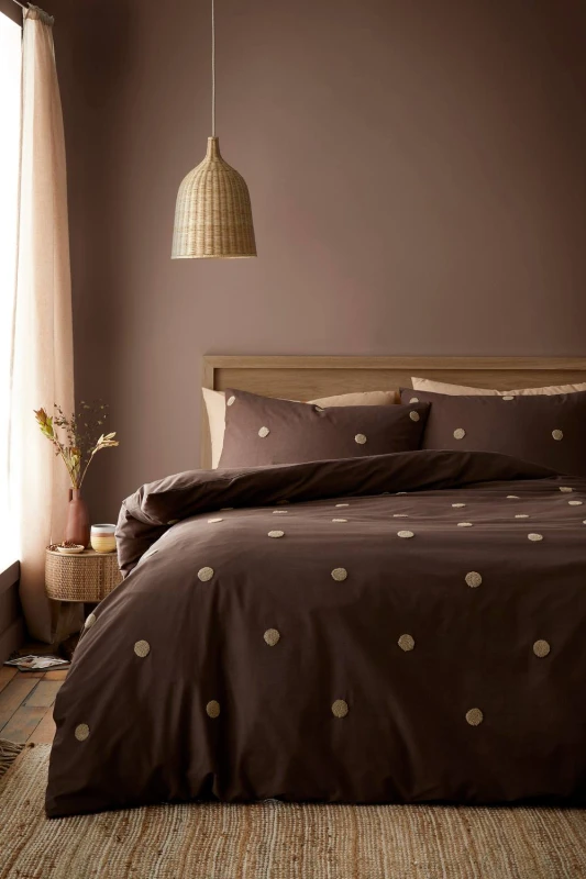 Image of Appletree 'Dot Garden' 100% Cotton Embellished Duvet Cover Set in Chocolate Size: Single Chocolate Unisex Single