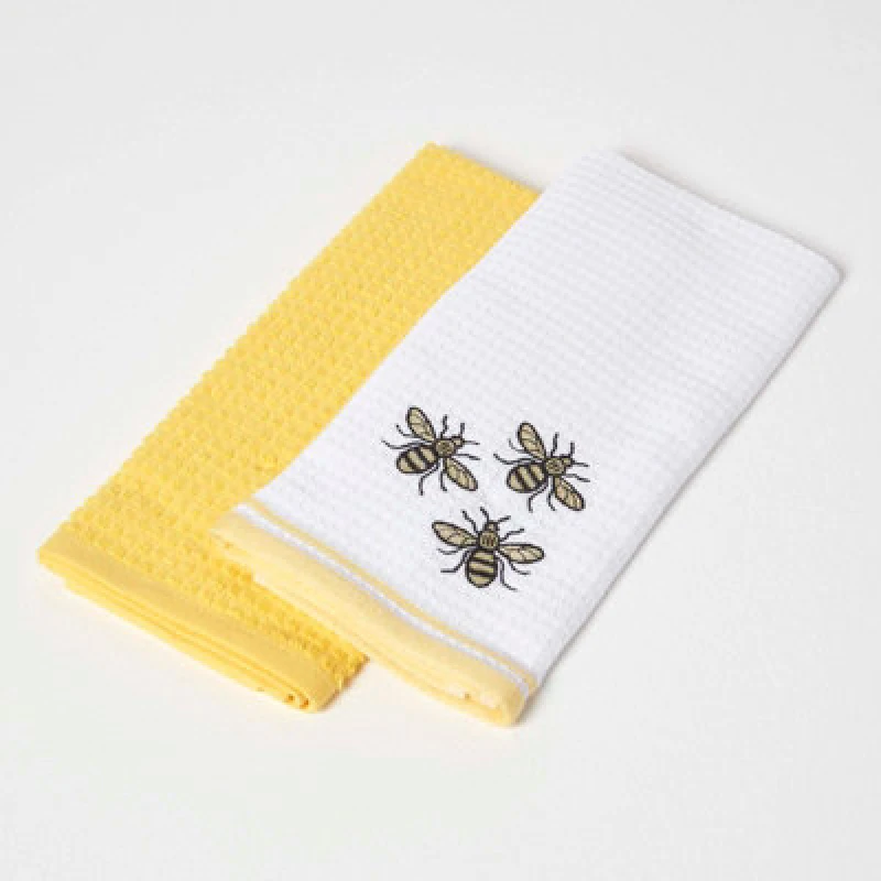 Image of Homescapes Bumble-Bee Waffle Cotton Tea Towels, Set of 2 Yellow unisex