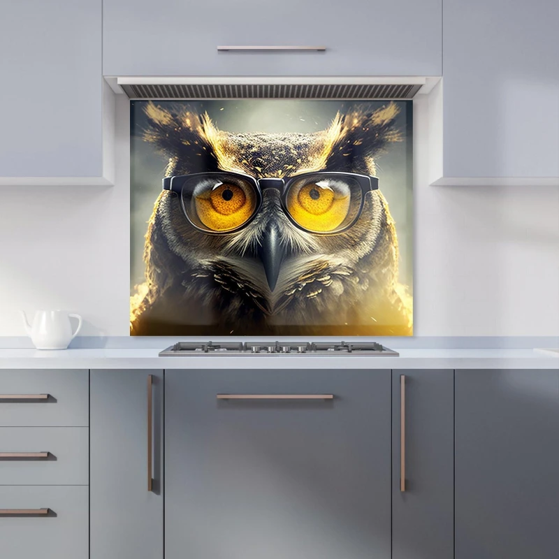 Image of Warren Reed - Designer Owl With Glasses Splashart Kitchen Splashback in Yellow Size: 600mm x 750mm Yellow Unisex 600mm x 750mm