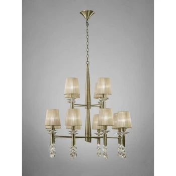 image of Tiffany pendant light 2 Tier 12 + 12 E14 + G9 bulbs, antique brass with bronze shade & transparent crystal