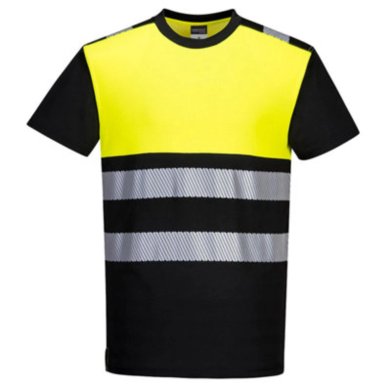 Image of Portwest PW3 Hi Vis Cotton Comfort Class 1 Short Sleeve T Shirt PW311BKYXS Colour: Black / Yellow