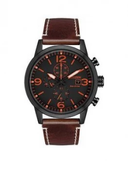 Image of Citizen Eco-Drive Wr100 Black And Orange Detail Chronograph Dial Brown Leather Strap Mens Watch