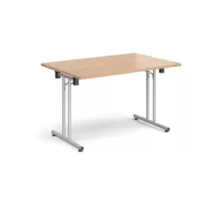 Image of Rectangular folding leg table with silver legs and straight foot rails 1200mm x 800mm - beech