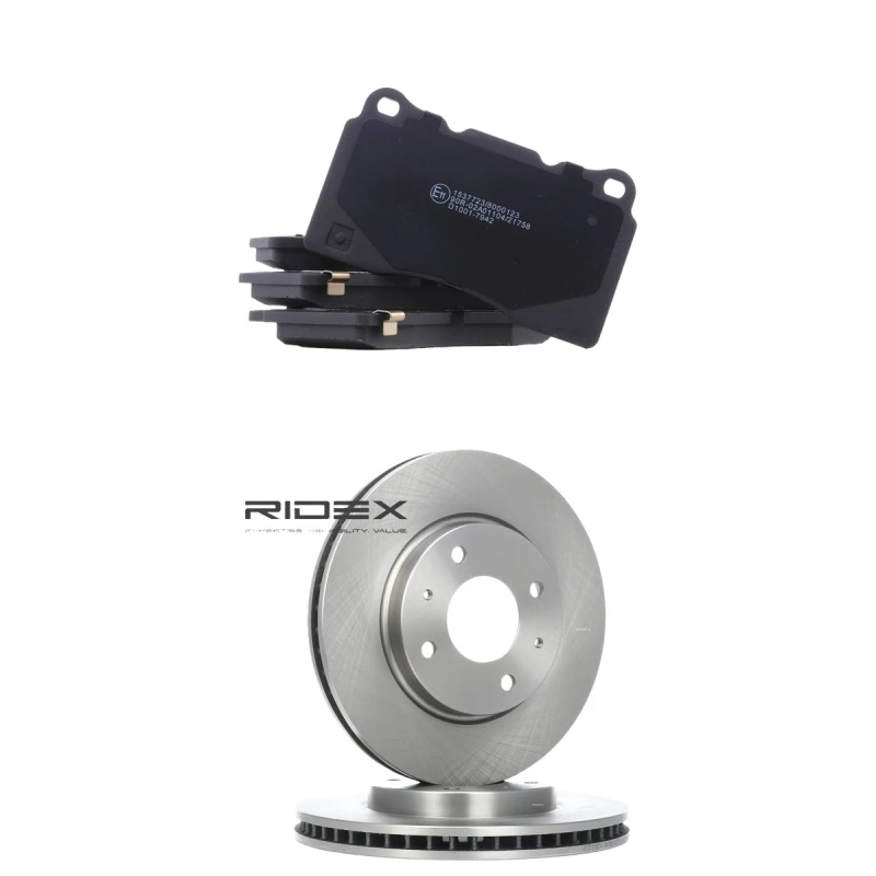 Image of RIDEX 3405B3220 Brake disc and pads set Front Axle, Brake Disc Type: internally vented, with acoustic wear warning Brake Set,disc brakes (3405)
