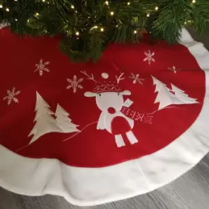 Image of 90cm Premier Red Fabric Christmas Tree Skirt with Snowflakes & Reindeer