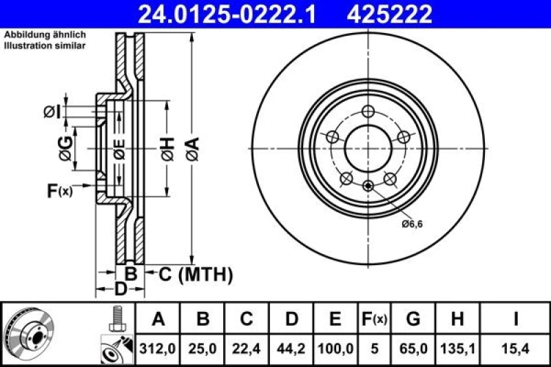 Image of Brake disc ATE 24.0125-0222.1