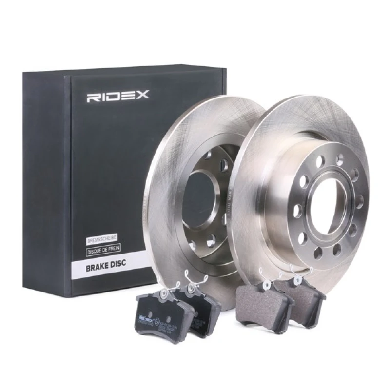 Image of RIDEX 3405B0011 Brake disc and pads set Rear Axle, Brake Disc Type: Solid, excl. wear warning contact Brake Set,disc brakes (3405)