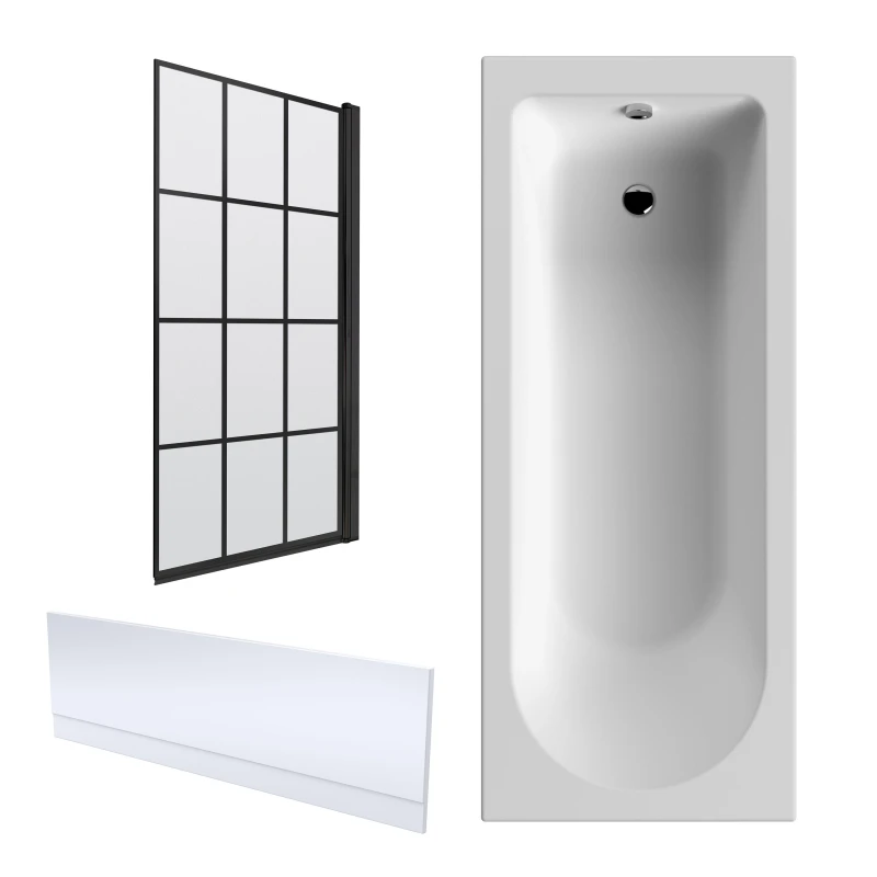 Image of Balterley Round Bath Tub, Front Panel & Square Bath Screen, 1700mm x 700mm Black Black