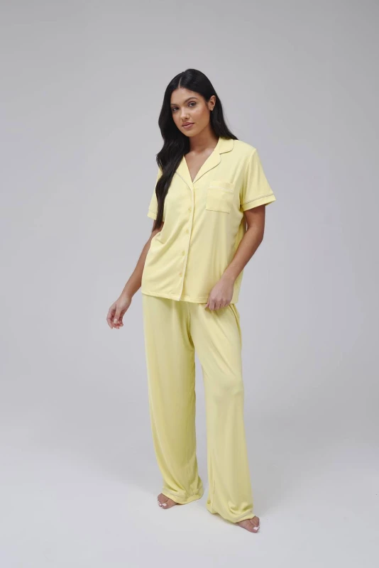 Image of Loungeable Womens Super Soft Jersey Rib Traditional Short Sleeve Long Pant Set in Yellow Size: Medium Yellow Female M