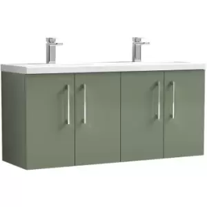 image of Nuie Arno Satin Green 1200mm Wall Hung 4 Door Vanity Unit with Twin Polymarble Basin - ARN823F - Satin Green