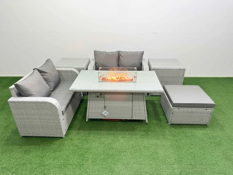 Image of Fimous 5 Seater Outdoor Love Sofa Set Rattan Garden Furniture Set with Firepit Dining Table Big Footstool 2 Side Tables Light Grey Light Grey
