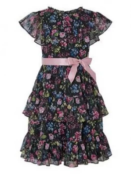 Monsoon Girls Botanical Print Chiffon Dress - Black, Size 8 Years, Women