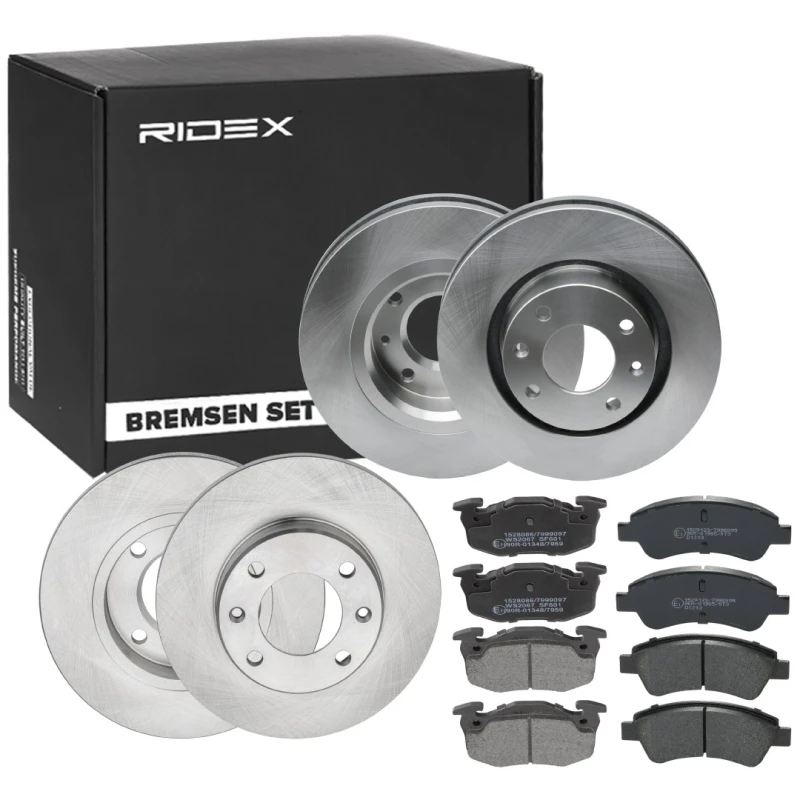 Image of RIDEX 3405B0331 Brake disc and pads set Front Axle, Brake Disc Type: Solid, prepared for wear warning indicator Brake Set,disc brakes (3405)