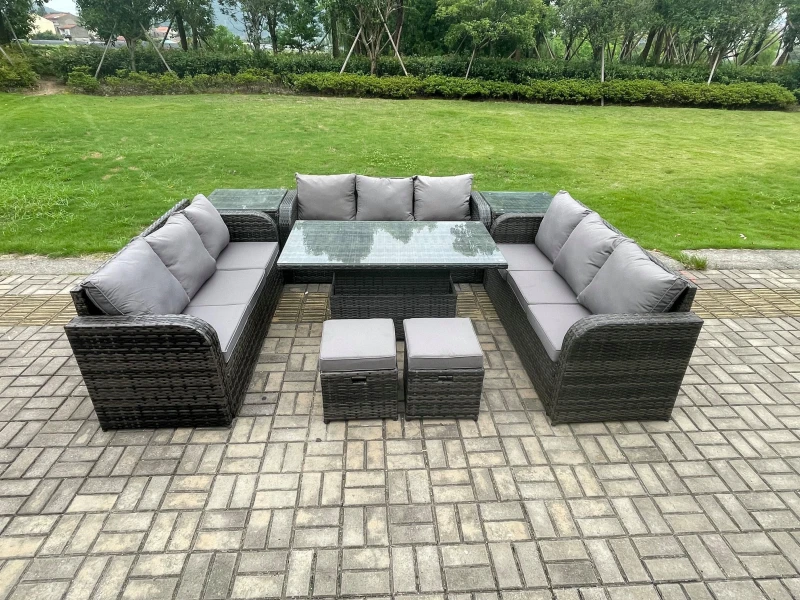 Image of Fimous 11 Seater Garden Dining Sets Outdoor Rattan Furniture Lounge Sofa Height Adjustable Rising lifting Table Dark Grey