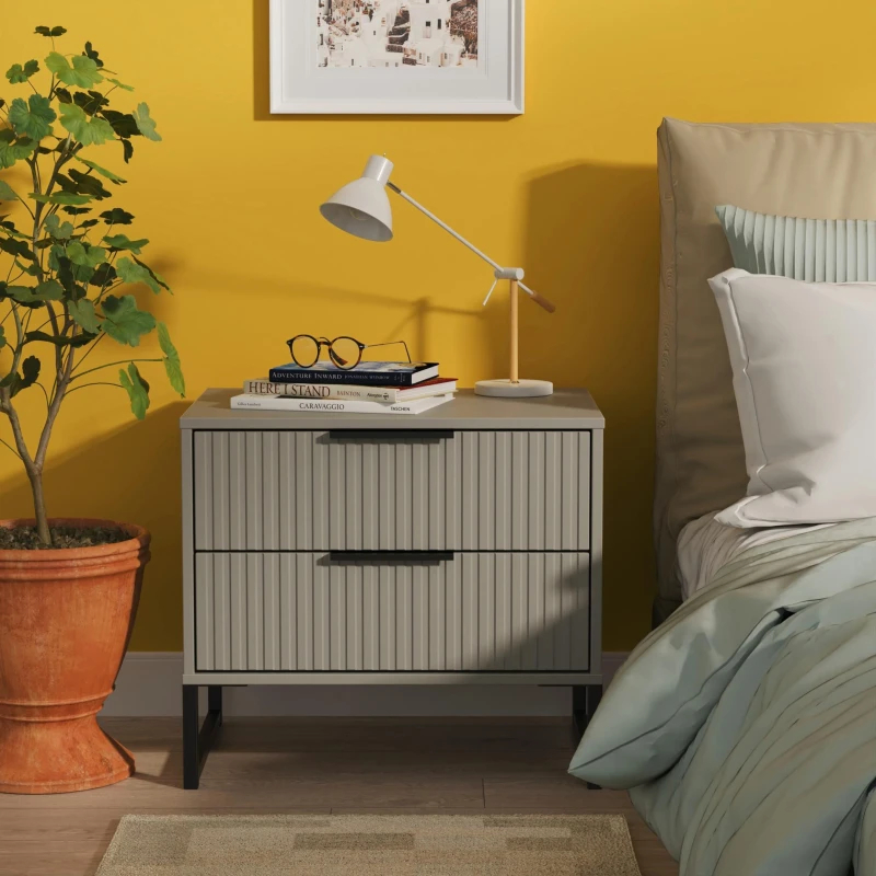 Image of Welcome Furniture Ltd Fluted 2 Drawer Bedside Table in Dusk Grey - Ready Assembled, Grey FUG009DGDG