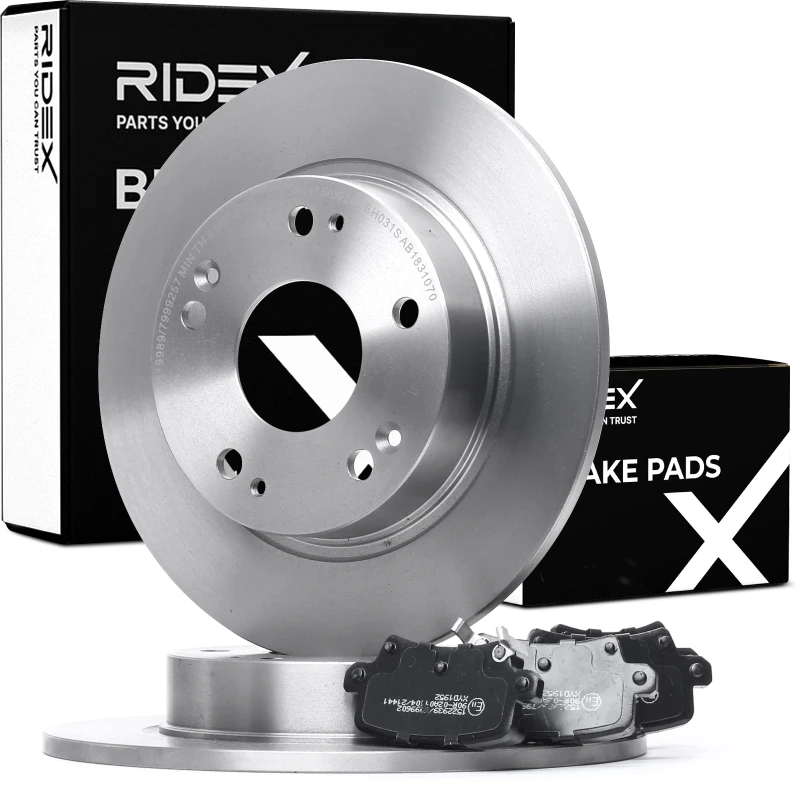 Image of RIDEX 3405B0886 Brake disc and pads set Rear Axle, Brake Disc Type: Solid, with acoustic wear warning Brake Set,disc brakes (3405)
