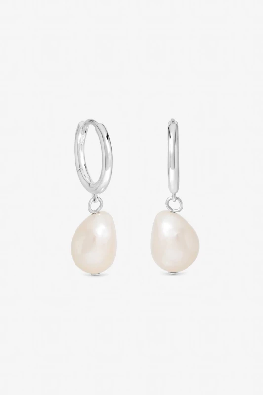 Image of Inicio Womens Sterling Silver Plated Pearl Charm Hoops - Gift Pouch Silver Female One Size